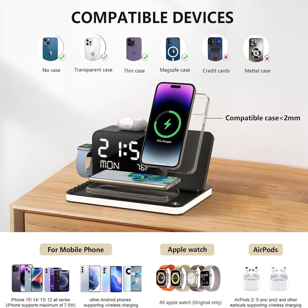 2025 Bezosmax 7 in 1 Wireless Charging Station with Dual Iphone Fast Charger Support Bluetooth/Timesync 30W Fast Adapter For