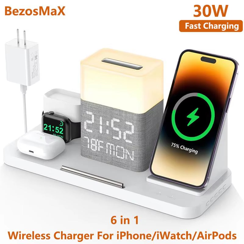 2025 Bezosmax 7 in 1 Wireless Charging Station with Dual Iphone Fast Charger Support Bluetooth/Timesync 30W Fast Adapter For