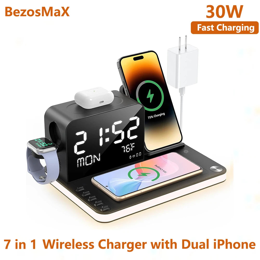 2025 Bezosmax 7 in 1 Wireless Charging Station with Dual Iphone Fast Charger Support Bluetooth/Timesync 30W Fast Adapter For